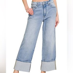 Zenana Jeans Wide Leg High Rise Raw Hem Cuffed Blue Womens 32 Size L